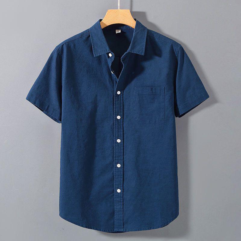 Men's Summer Cotton Linen Short Sleeve Shirt - Solid Color Casual Stand Collar Top