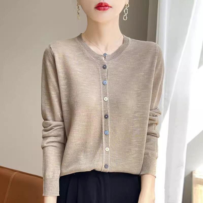 Women's Slim-Fit Thin Knitted Cardigan Coat for Summer Long Sleeve Plus-Size Top for Spring and Autumn Outer Wear