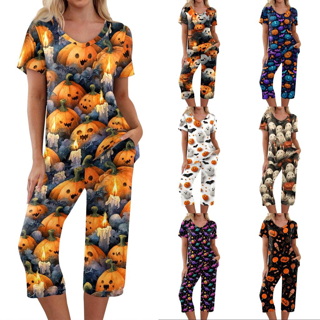 Women Two Piece Set Halloween Print Short Sleeve Top and Capri Pants Lounge Wear Casual Pajama Set