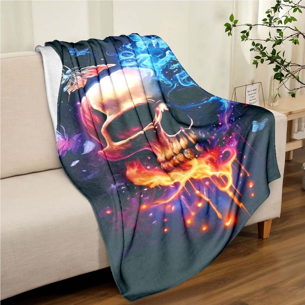 1 Piece Blanket Blue Smoke Skull Car Interior Blanket Suitable For All Seasons Cozy Warm Soft Blanket Suitable For Sofa Bed Travel Camping Living Room