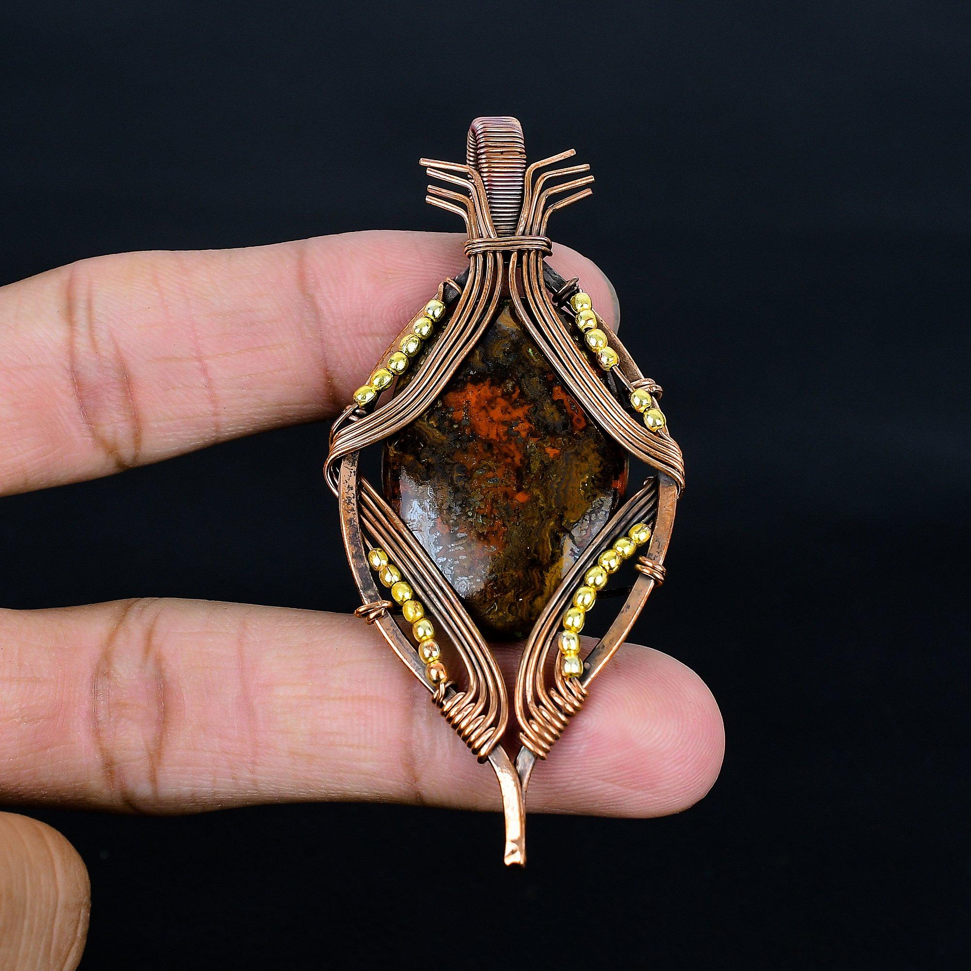 

Seam Agate Pendant Gemstone Handmade Jewelry, 999 Copper Wire Wrapped Pendant, Gift For Wife Jewelry 2.55 Inches