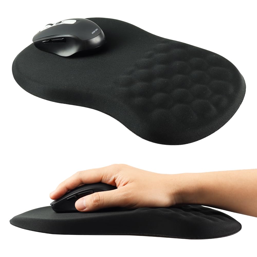 Memory Foam Mouse Pad with Wrist Integrated Reduces Washable Support, Breathable, Armrest, Fatigue, (Black)