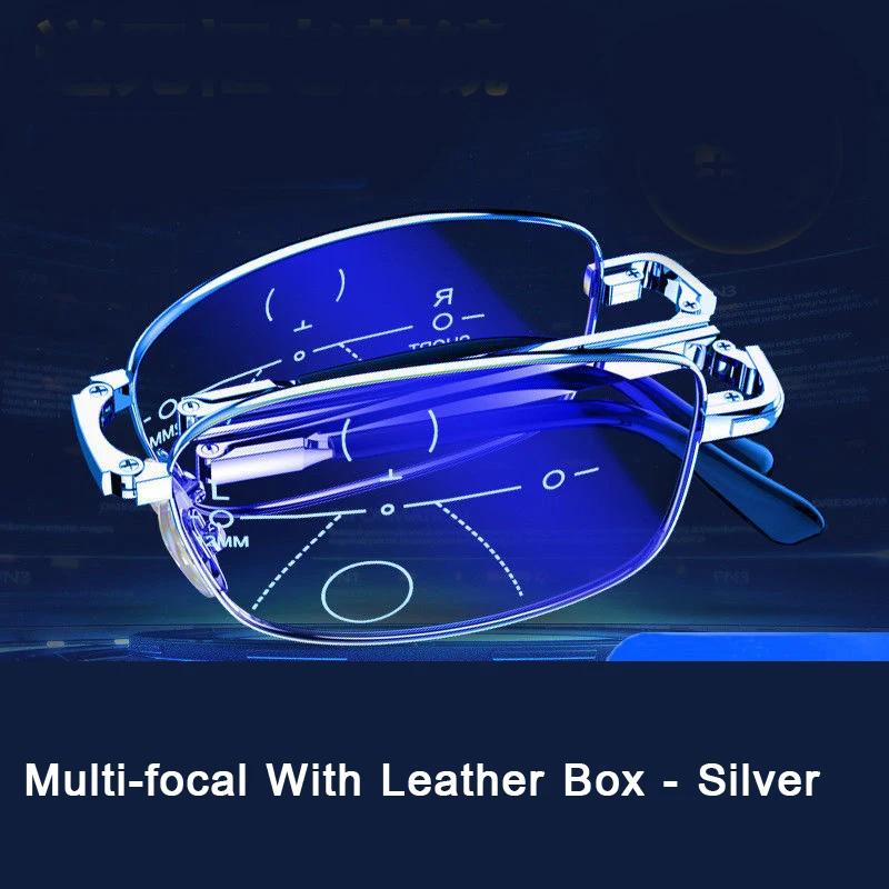 

Мультифокальные складные очки для чтения с защитой от синего света для мужчин и женщин, металлические линзы HD, очки Far Near Sihgt с кожаной коробкой 3.5