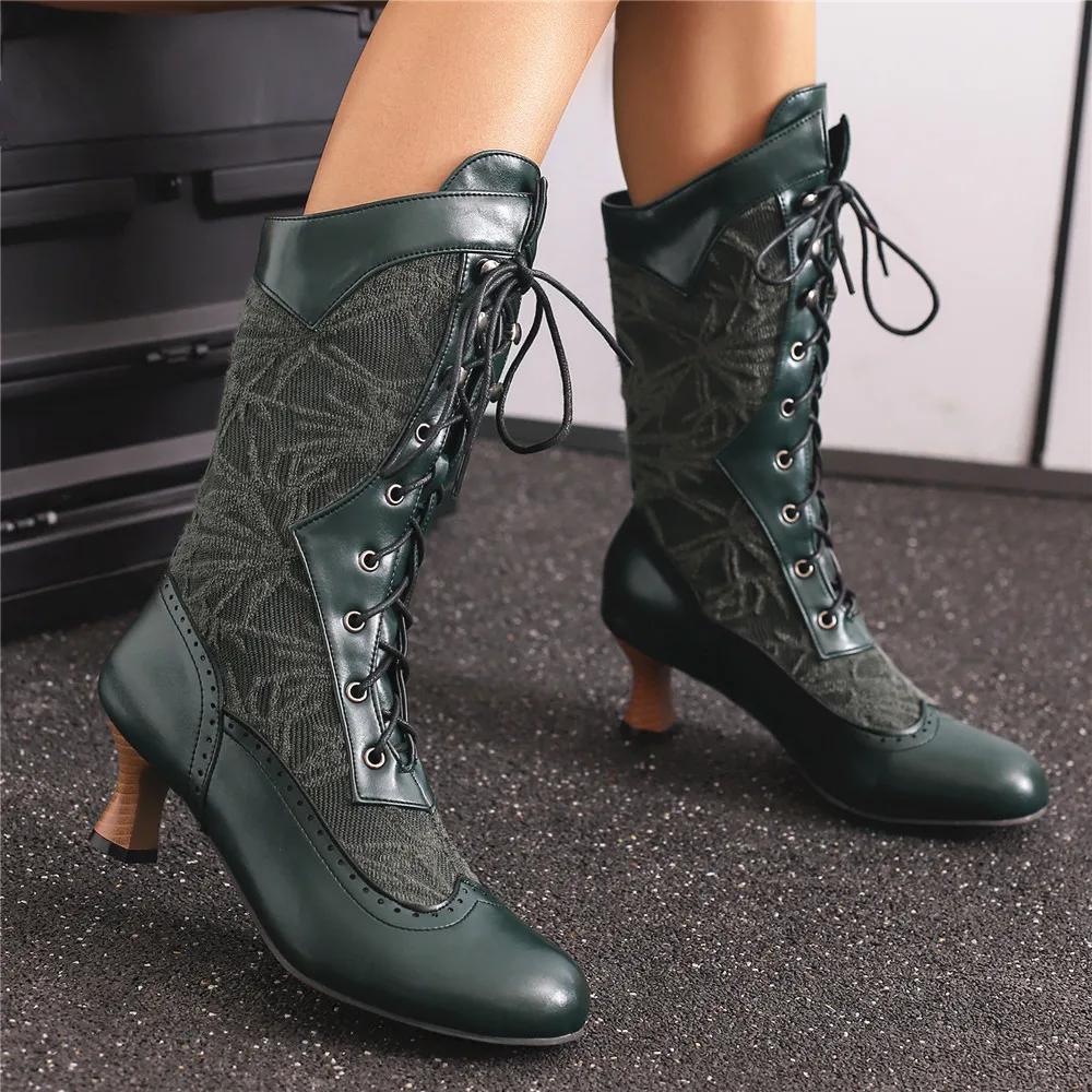 Damen Viktorianische Spitzschuh Mid-Calf Stiefel Leder Spitze Hohl Punk Schnürstiefel Seltsame Steampunk High Heel Schuhe Größe 34-48