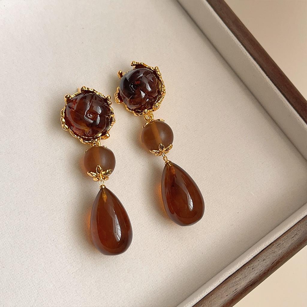 Vintage Maillard Coffee Earrings Women's Literary Temperament Acrylic Smudge Earrings Niche High-end Autumn and Winter Earrings