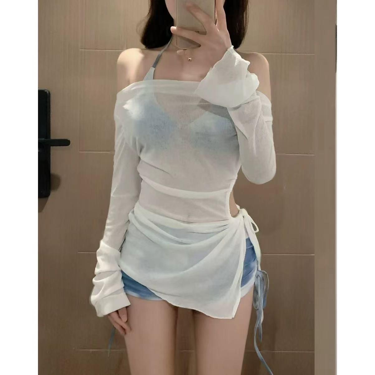 

Женский купальный костюм-тройка: Принтованная блузка, Деним, Закрывающая живот, Стройнящая, Стиль чистого желания, Подходит для отпуска и горячих источников. L (for 105-118 kg)