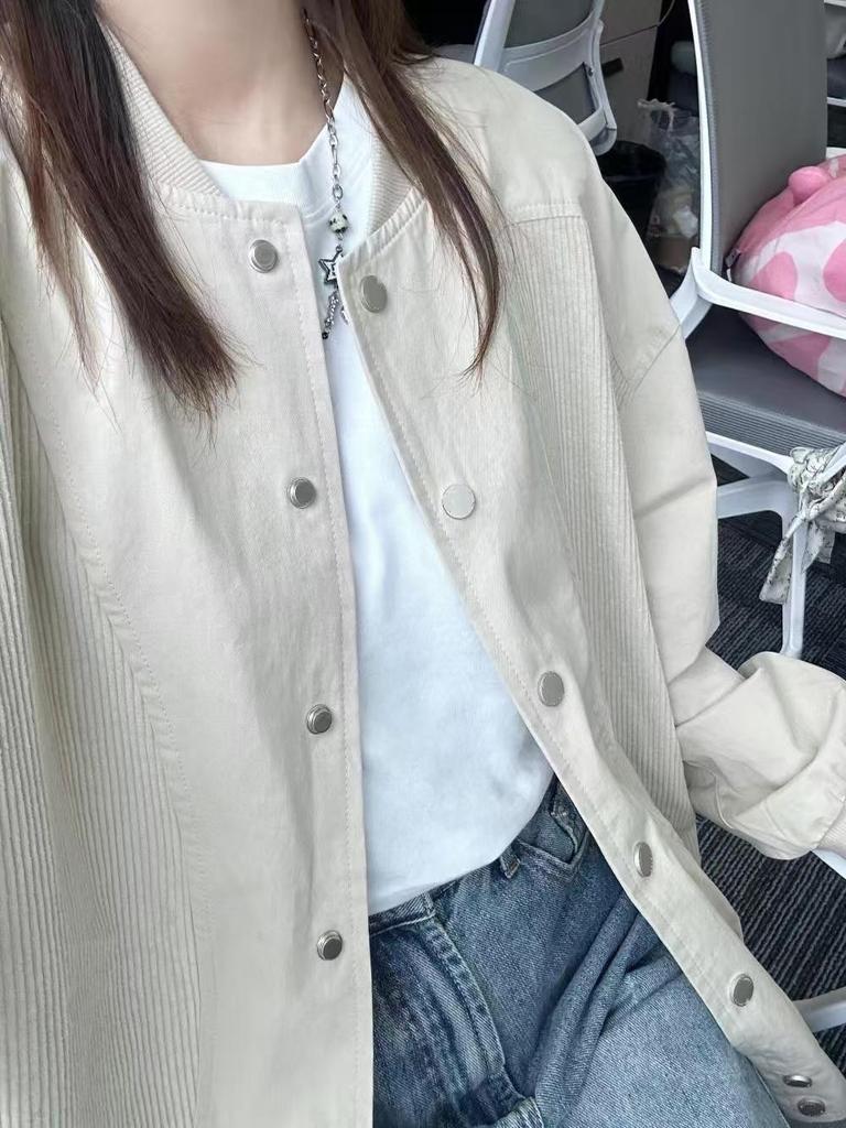 Women's Retro Corduroy Patchwork Baseball Jacket - Spring Fashion, Loose Fit, Casual Top