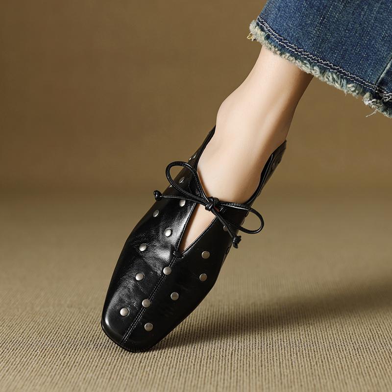 Fashion 2025 New Rivets Genuine Leather Retro Women Pumps Thick High Heels Spring Summer Lady Party Prom Shoes Woman Pumps Heels Women