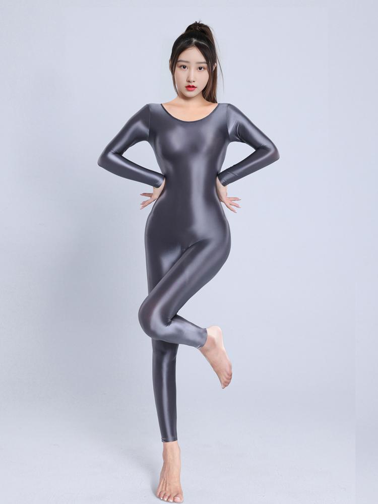Sexy Women Yoga Shaper Dance Wear Oil Glossy Shiny Elastic Bodysuit Sheer See Through Satin Shapping Maid Tights Candy Color