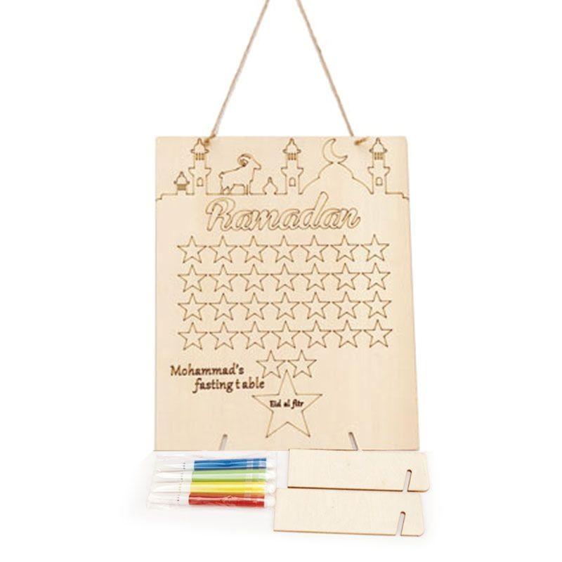 Wooden Ramadan Countdown Calendar DIY Graffiti EID Mubarak Decoration with Pens Muslim Party Supply