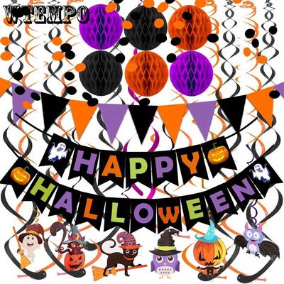 2sets Happy Halloween Banner Paper Triangle Flag Bunting Circle Confetti Hanging Garland Honeycomb Ball Swirl Streamers Halloween Party Decorations