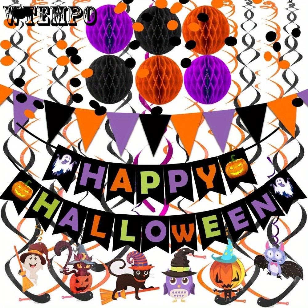 2sets Happy Halloween Banner Paper Triangle Flag Bunting Circle Confetti Hanging Garland Honeycomb Ball Swirl Streamers Halloween Party Decorations