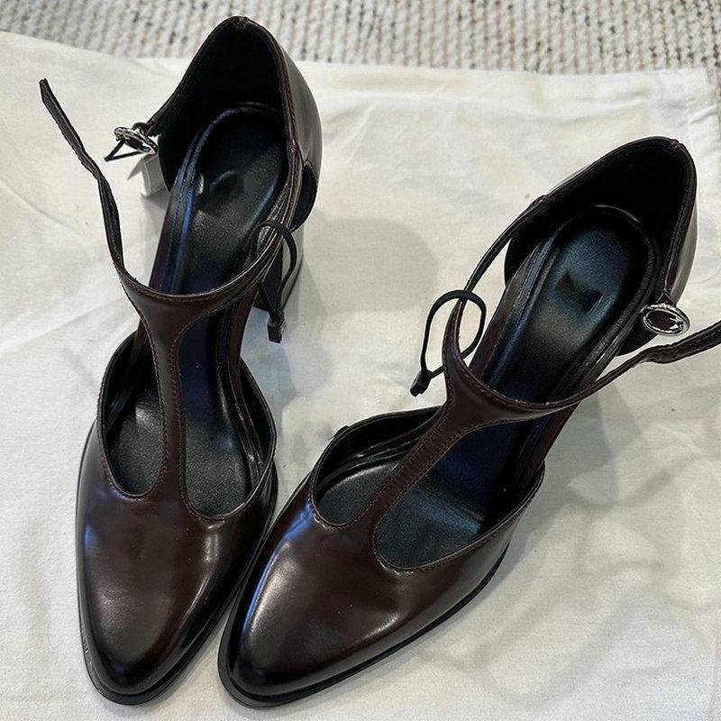 

Модная французская ретро обувь Мэри Джейн для женщин Новые туфли-лодочки с острым носком и толстым каблуком Не утомляющие ноги Высокий каблук 40 коричневый