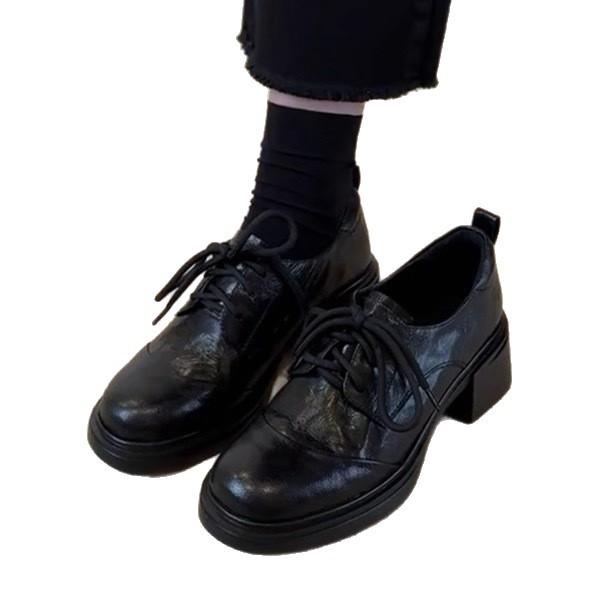 British retro style round head lace-up loafers 2025 autumn and winter new commuting versatile thick heel small leather shoes women's single shoes