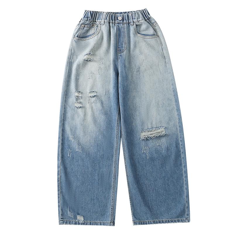 Girls Ripped Distressed Jeans Baggy Wide Leg Pants with Stretchy Waist Gradient Denim Pants for Kids Children Age 5-14Y
