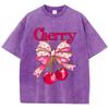 Pink Bow Cherry Prints Washed TShirts Womens Cotton Oversized Tops Distressed ONeck Comfortable T Shirts Summer Woman Clothes