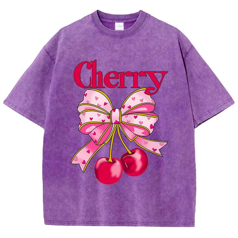 Pink Bow Cherry Prints Washed TShirts Womens Cotton Oversized Tops Distressed ONeck Comfortable T Shirts Summer Woman Clothes