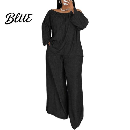 Casual Two-piece Set 2 Piece Outfit for Women Off Shoulder Long Sleeve Top High Waisted Two Wide Leg Pants Plus Size Going Out Lounge Breathable