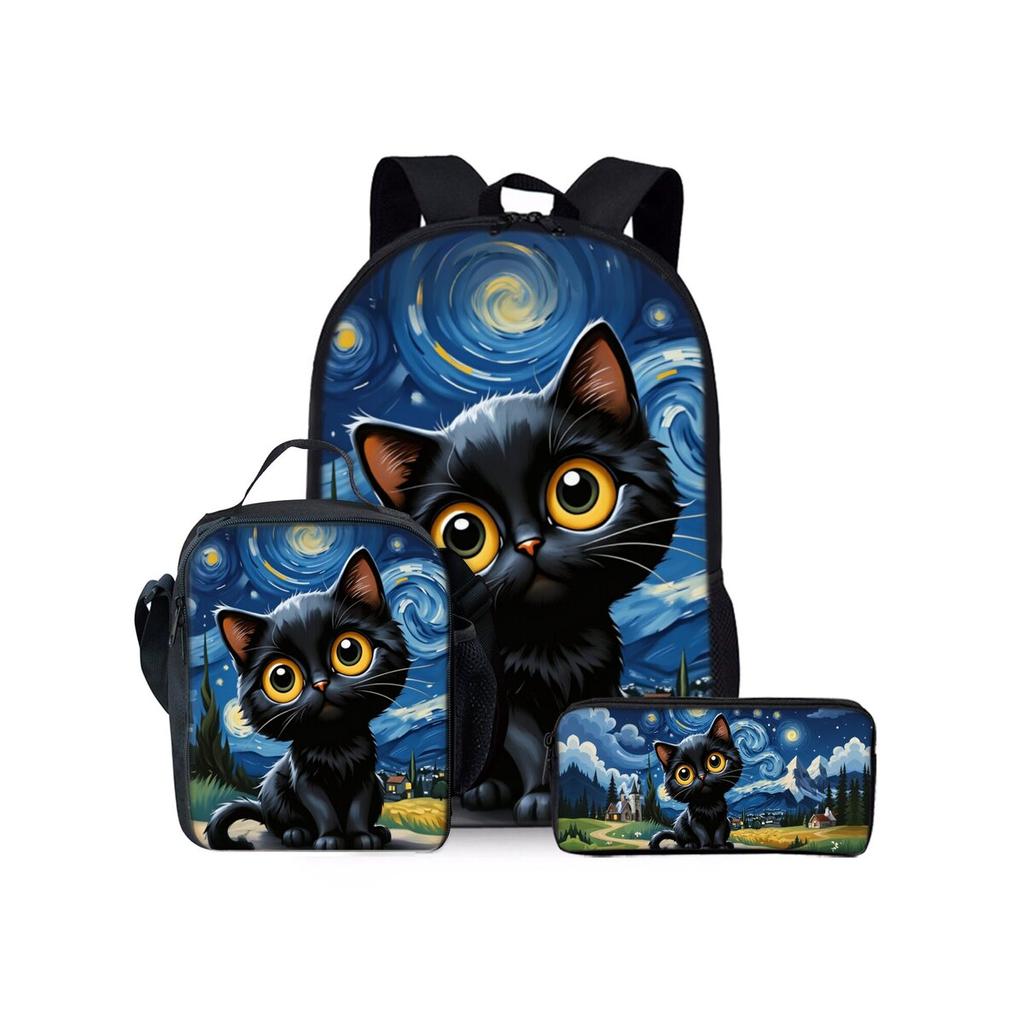 Set di Zainetti Tre Pezzi con Stampa Gatto Nero e Fiori per Ragazzi e Ragazze Migliori Regali Zaino Scolastico Cartoon Piatto 2D per Bambini
