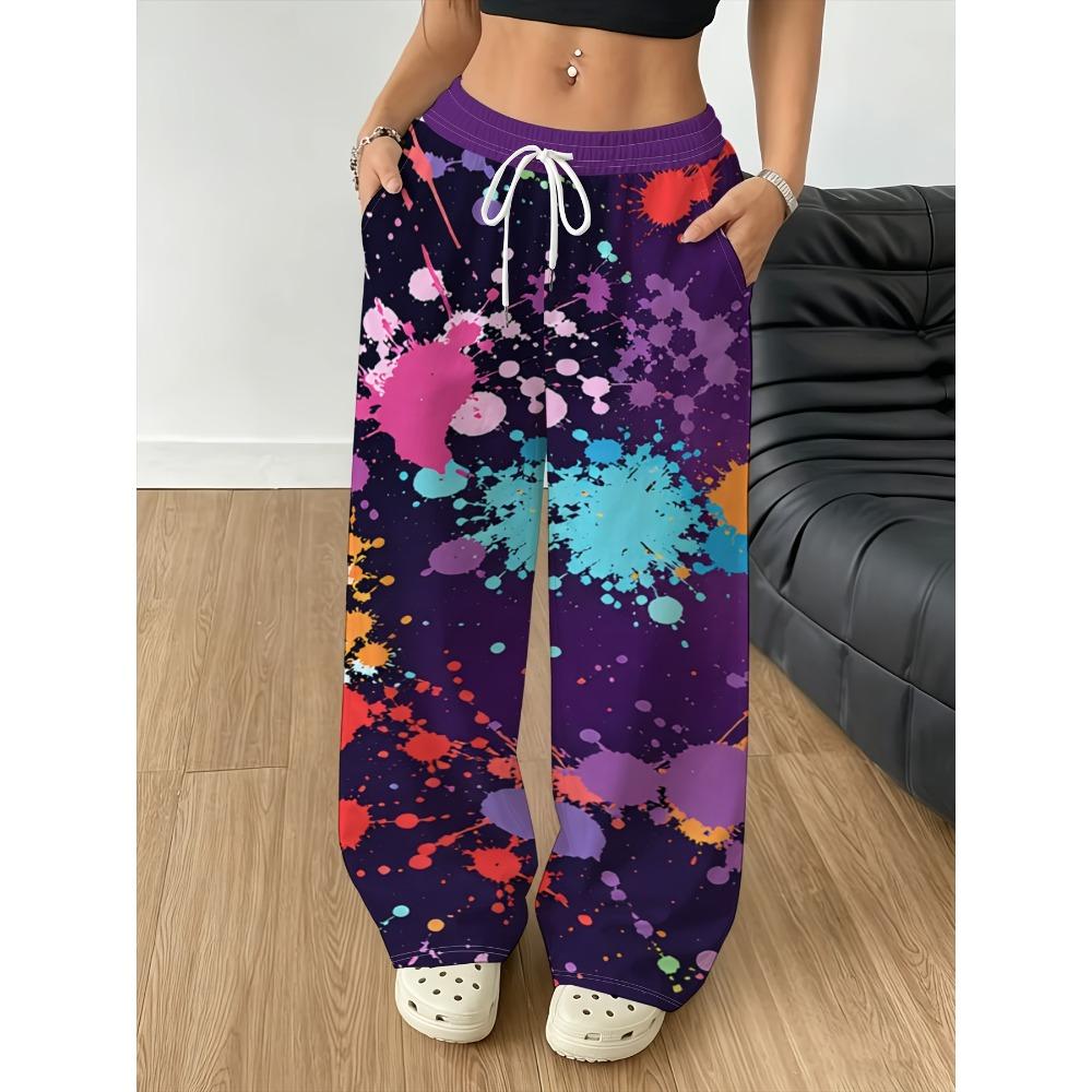 Women's Wide Leg Pants, Purple Bottom and Multi-Colour Inkjet Print - Lightweight Breathable Straight Pants, Drawstring Waist