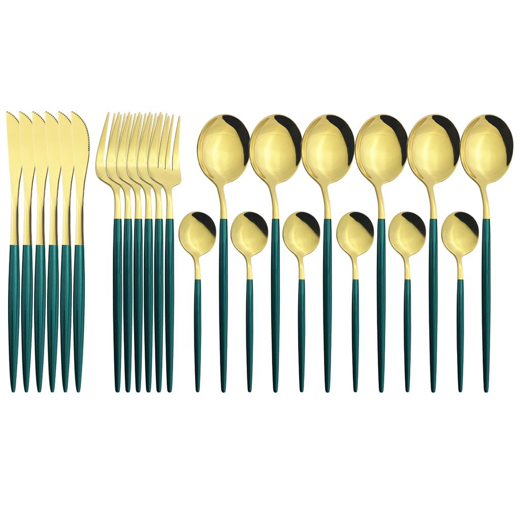 24pcs Black Gold Cutlery Set Mirror Stainless Steel Dinnerware Set Knife Fork Spoon Tableware Flatware Set Dishwasher Safe Kitchen Wedding Accessories