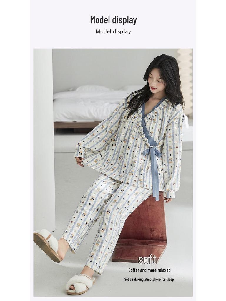 Damski kreskówkowy zestaw piżamowy z wkładkami na biust - Wiosenno-jesienna bawełna o fakturze chmury, Kardigan z długim rękawem, Cienki szlafrok, Odzież domowa i do noszenia na zewnątrz