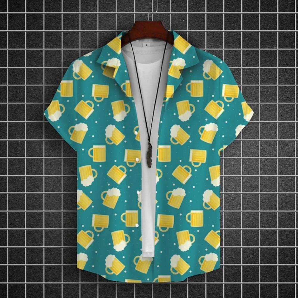 Hawajska Koszula Męska 3D z Nadrukiem Piwa Krótki Rękaw Koszule Koszulka na Imprezę Piwną T-shirty Letnie Codzienne Luźne Oversize Odzież Męska