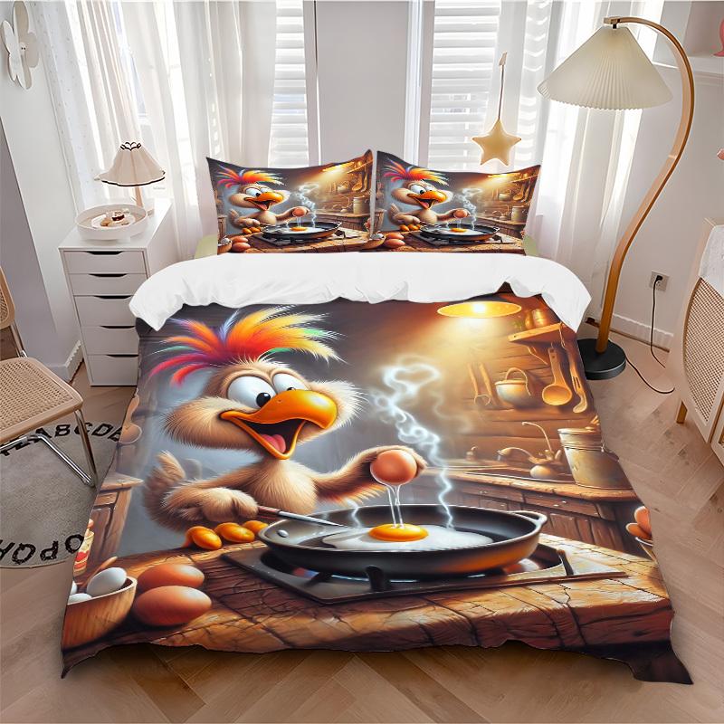 3pcs Anime Cartoon Chicken Bedding Set - Includes One Quilt Cover and Two Pillowcases (No Core) - Perfect for Bedroom and Guest Room Decorat
