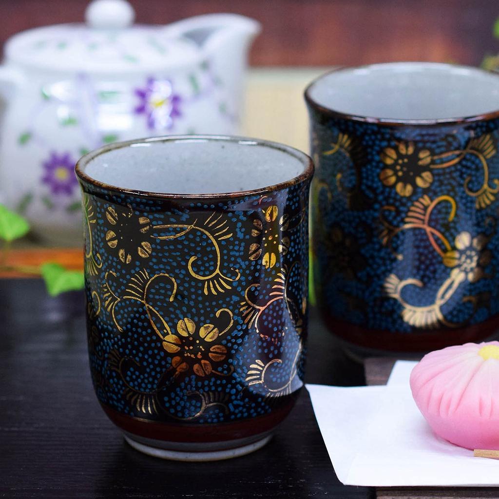 Waza no Kura Stylish Pair of Kutani Ware Teacups - Blue Grain Clematis Design - Ceramic Brand - Japanese Tableware - Made in Japan - Perfect Gift for