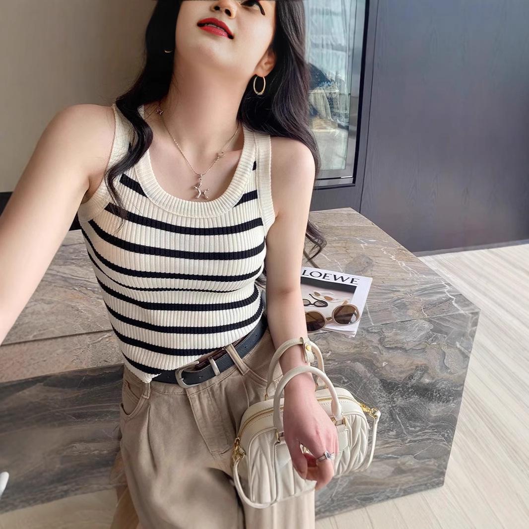 

Women s Striped Knit Tank Top - 2024 Summer Slimming Style Black High Quality