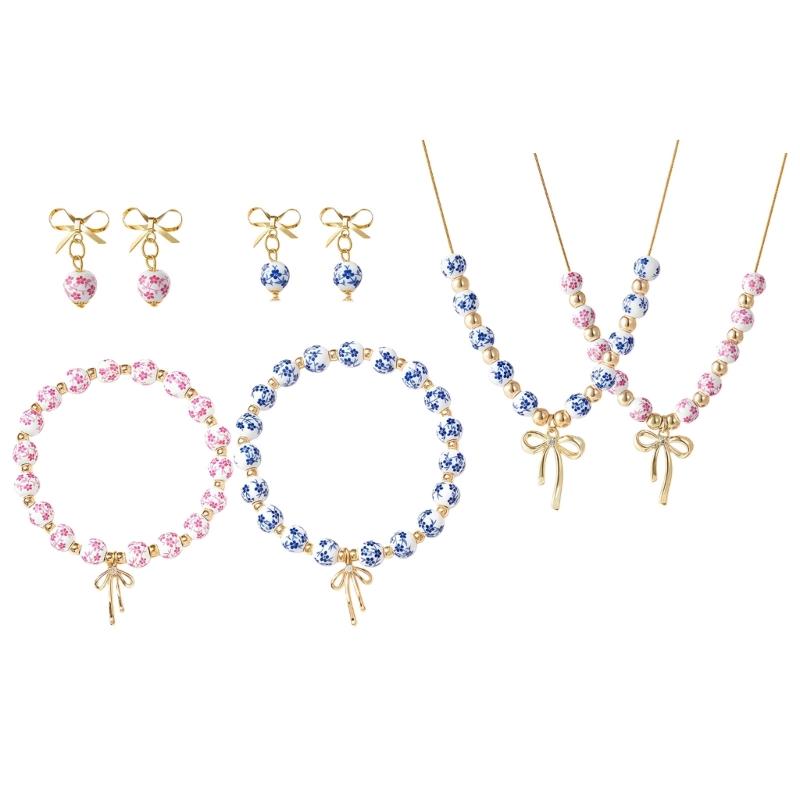 Stylish Blue White Porcelain Bowknot Beaded Jewelry Set Sturdy Fade Resistant Necklace Bracelet Earrings Adornment