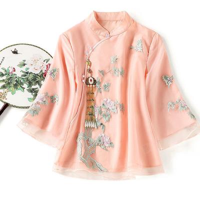 Vintage Embroidered Cheongsam Top with Button for Women's Summer Blouse