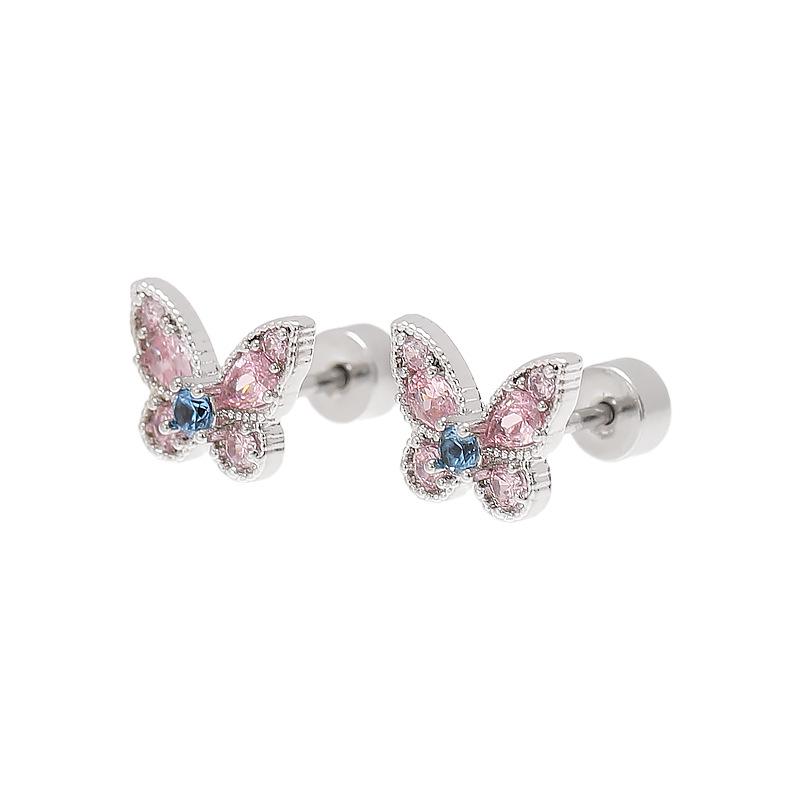 Pink Sweet Butterfly Zirconia Titanium Steel Ear Cartilage Studs for Women - Versatile, High-End Double Spiral Screw Design.