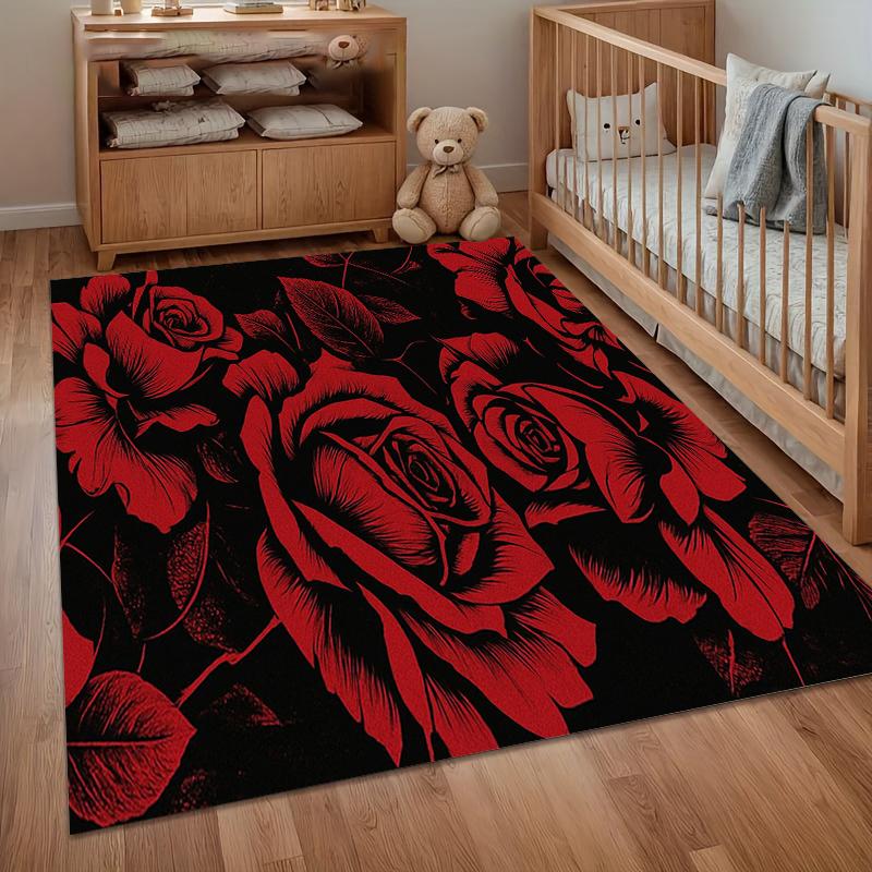 Valentine's Day Gothic Red Rose Area Rug Dark Floral Print Non Slip Washable Bedroom Living Room Carpet Retro Romantic Decor