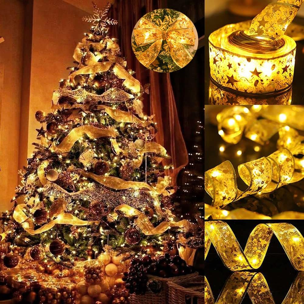 Christmas Tree Decorations Ribbon String Lights 32ft 100 Led Fairy Lights Battery-Powered Copper Wire Ribbon Bows Lights for Christmas New Year Decor