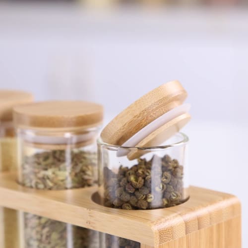 KKC Spice Bottles with Spoons, Airtight Glass Spice Jars, 6-Piece, 100ml, for Seasoning Storage, Flavorings: Cinnamon, Star Anise, Cumin, Pepper