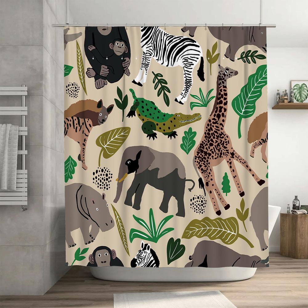 Animal Adventure Shower Curtain Jungle Safari Theme with Zebra, Giraffe Elephant Design Waterproof Fabric for Bathroom Decoratio