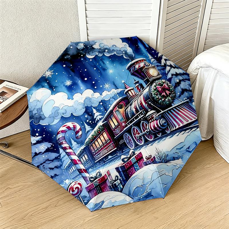 Christmas Train 8 Ribs 3Fold Black Glue Uv Protection Umbrella Sun Protection Rainproof Compact Folding Umbrella For Travel Daily Use C9241415