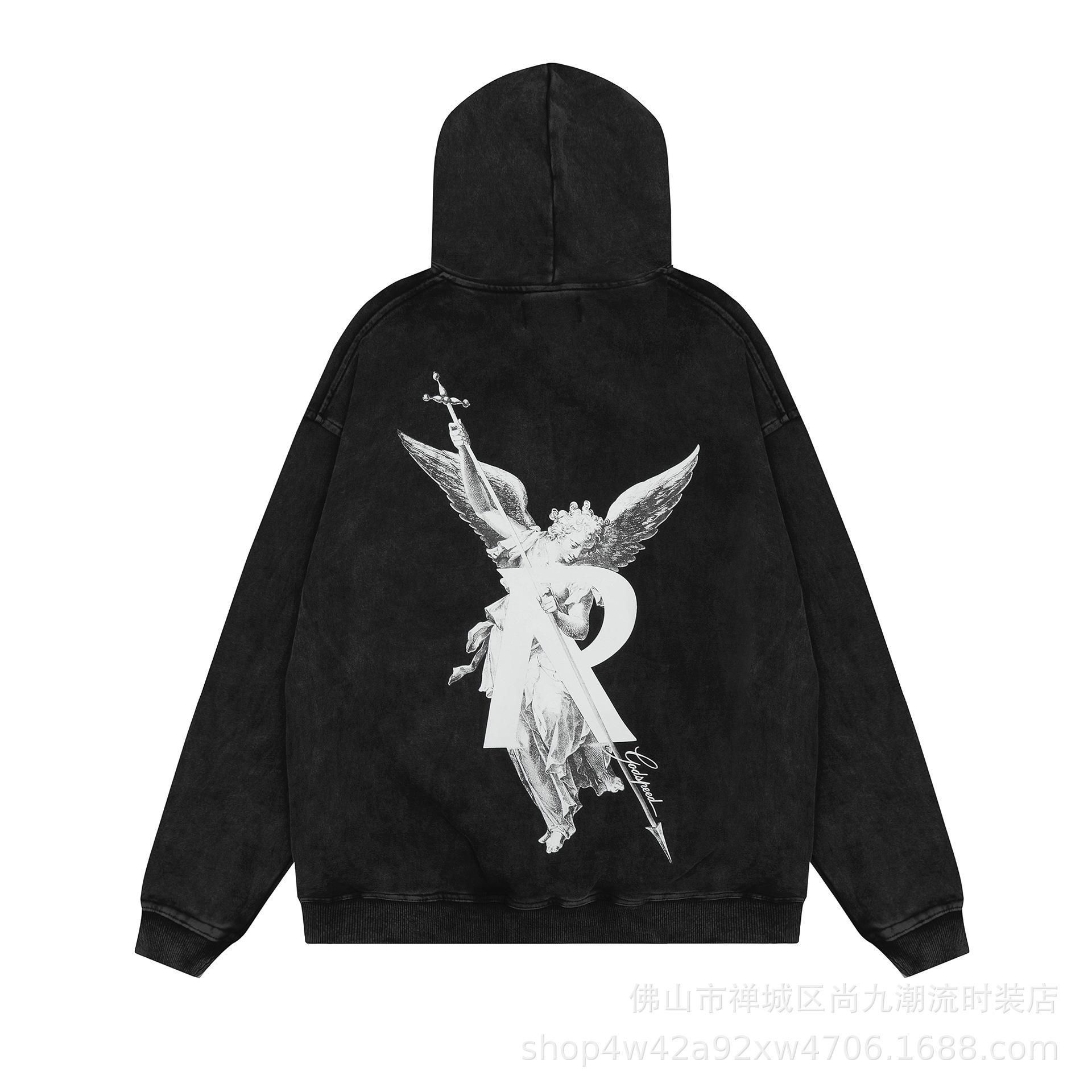 REPRESENT Angel print letter retro washed old American high street couple hooded sweater autumn and winter S чёрный