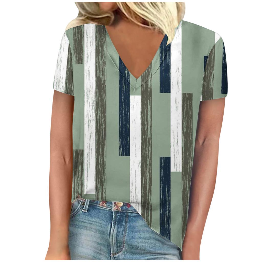 Summer V-neck 3D Stripe Printed Top Fashionable Casual Short Sleeved Women's T-shirts