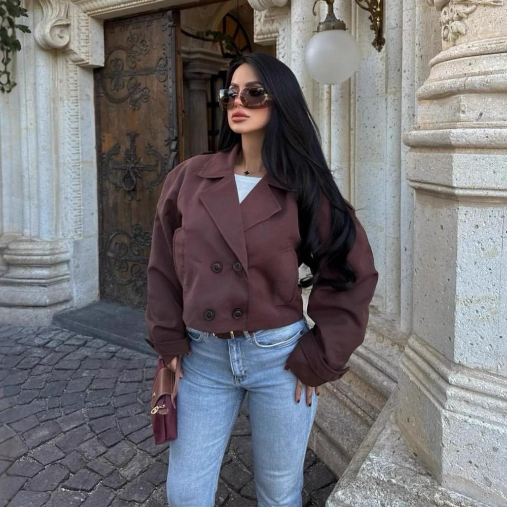 2025 Cross-border European and American women s clothing Amazon trench coat collar long-sleeved button-down casual jacket commuter fashion suit XS