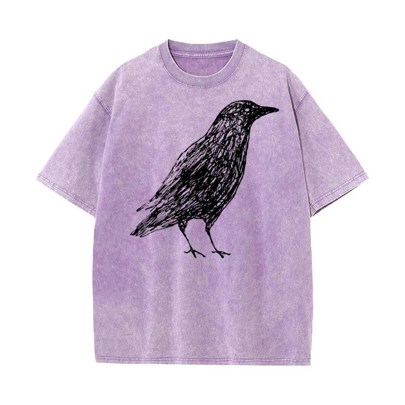 Sketch Bird Graphic Crew Neck Washed Tshirts Mother Day Tees Short Sleeve Classic Cotton Funny Washed Tees