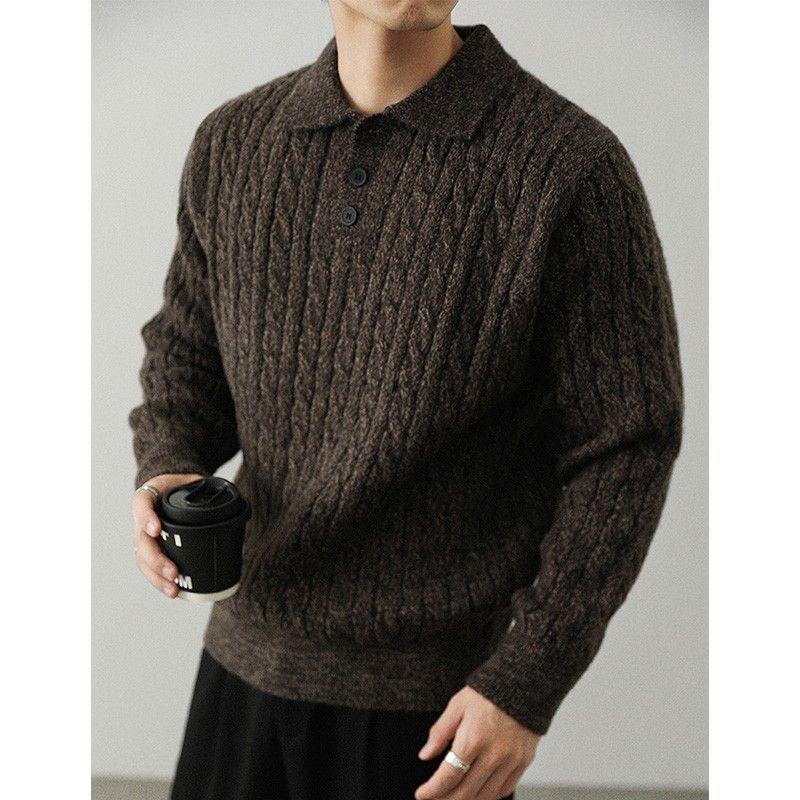 Men s High-End Cable Knit Sweater - Solid Color, Lapel, Thick, Warm for Autumn/Winter. XL