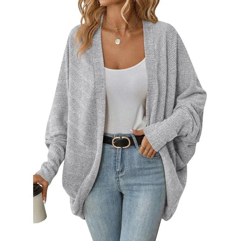 

2023 р. Товстий жакет з V-подібним вирізом, модний повсякденний кардиган з довгими рукавами з крилом летючої миші, відкритим стібком, вільний в’язаний джемпер 30076 XXL світло-сірого кольору