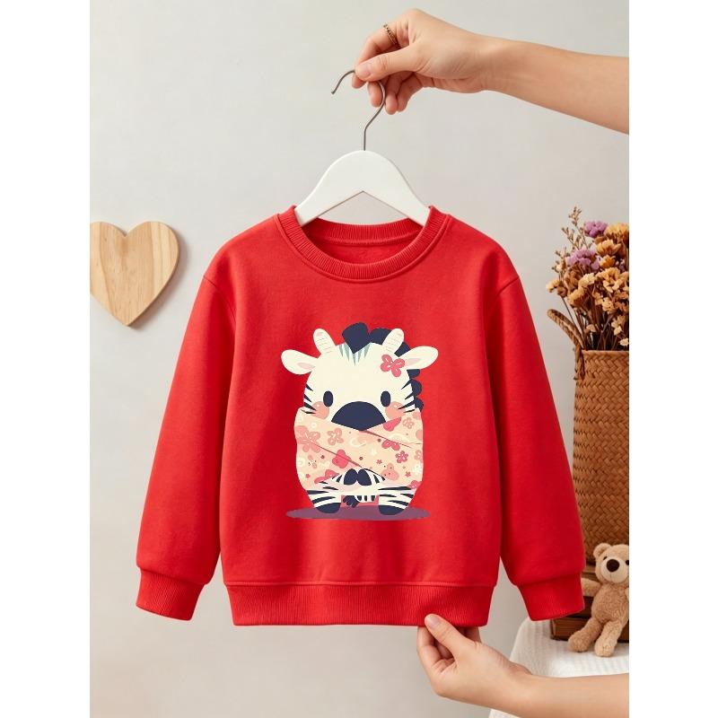 Kids Unisex Crewneck Sweatshirt, Cute Cartoon Zebra Wrapped In Floral Blanket Print Light Heather Gray Soft Fleece Pullover
