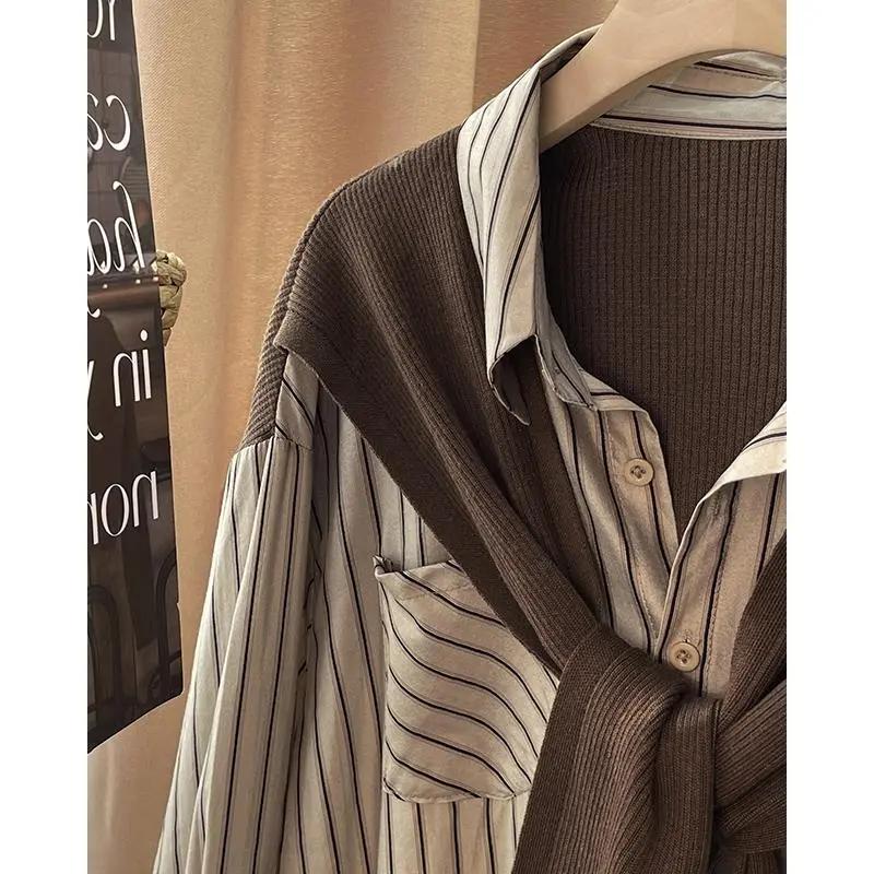 Spring Autumn Fake Two-piece Women's Shirt Brown Kintted Shawl Back Vertical Stripe Shirt Blouse French Style Women's Shirt