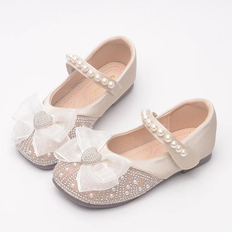 2024 Children Princess Shoes Pearl Bow Casual Party Wedding Shoes Kids Shallow Leather Shoes Fashion Girls Dance Single Shoes