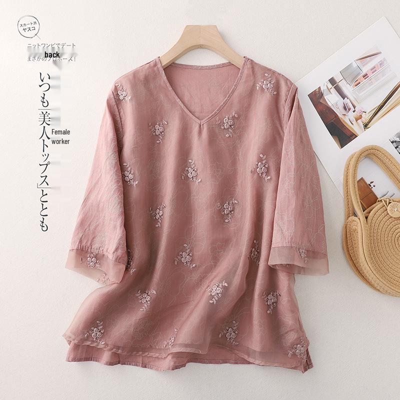 Summer Cotton Linen Patchwork Organza Shirt - Retro Artistic Zen Tea Ceremony Loose Top for Women