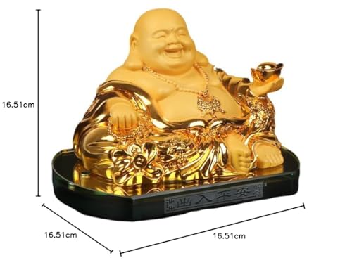 Hotei, one of the Seven Lucky Gods, is a gold-colored Buddhist figurine perfect for warding off evil, bringing good fortune, and bringing good luck. T