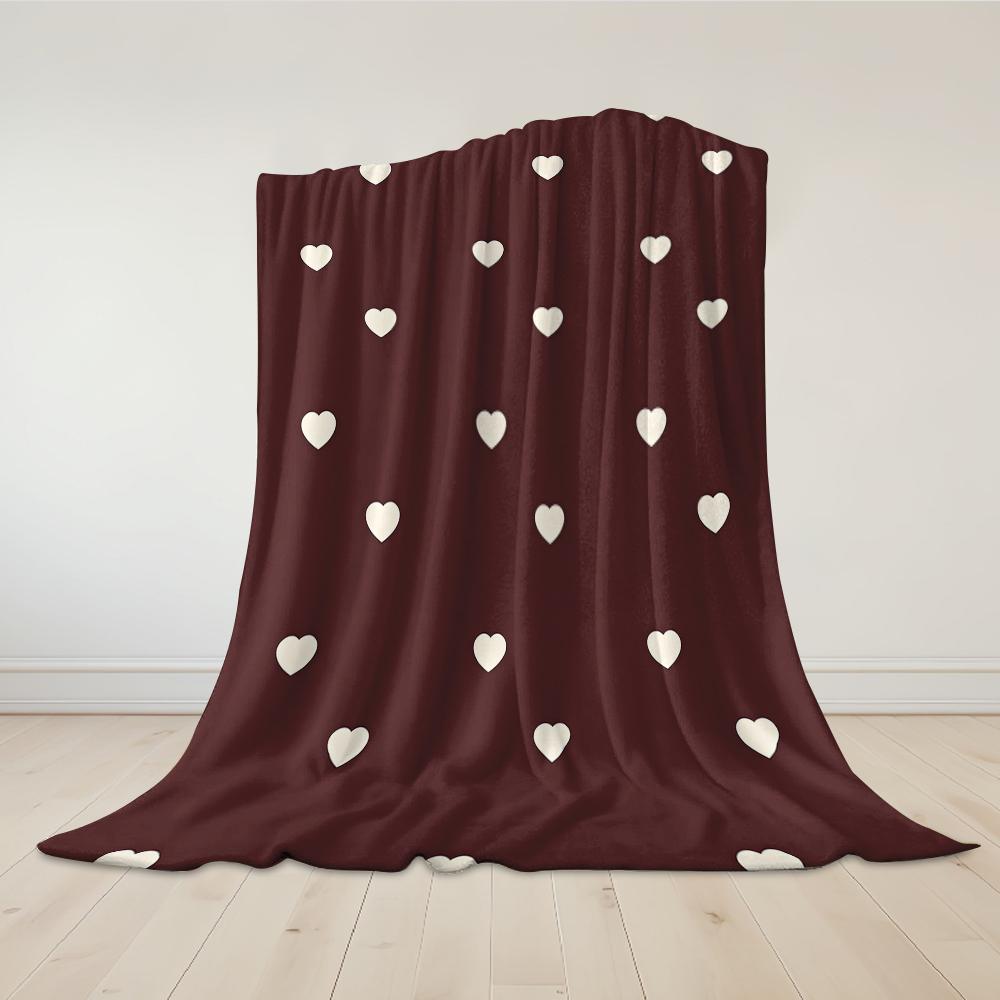 Burgundy Background Cream Heart Flannel Blanket Warm Soft Halloween Christmas Couch Warm Cozy Decorative Decor For All Season